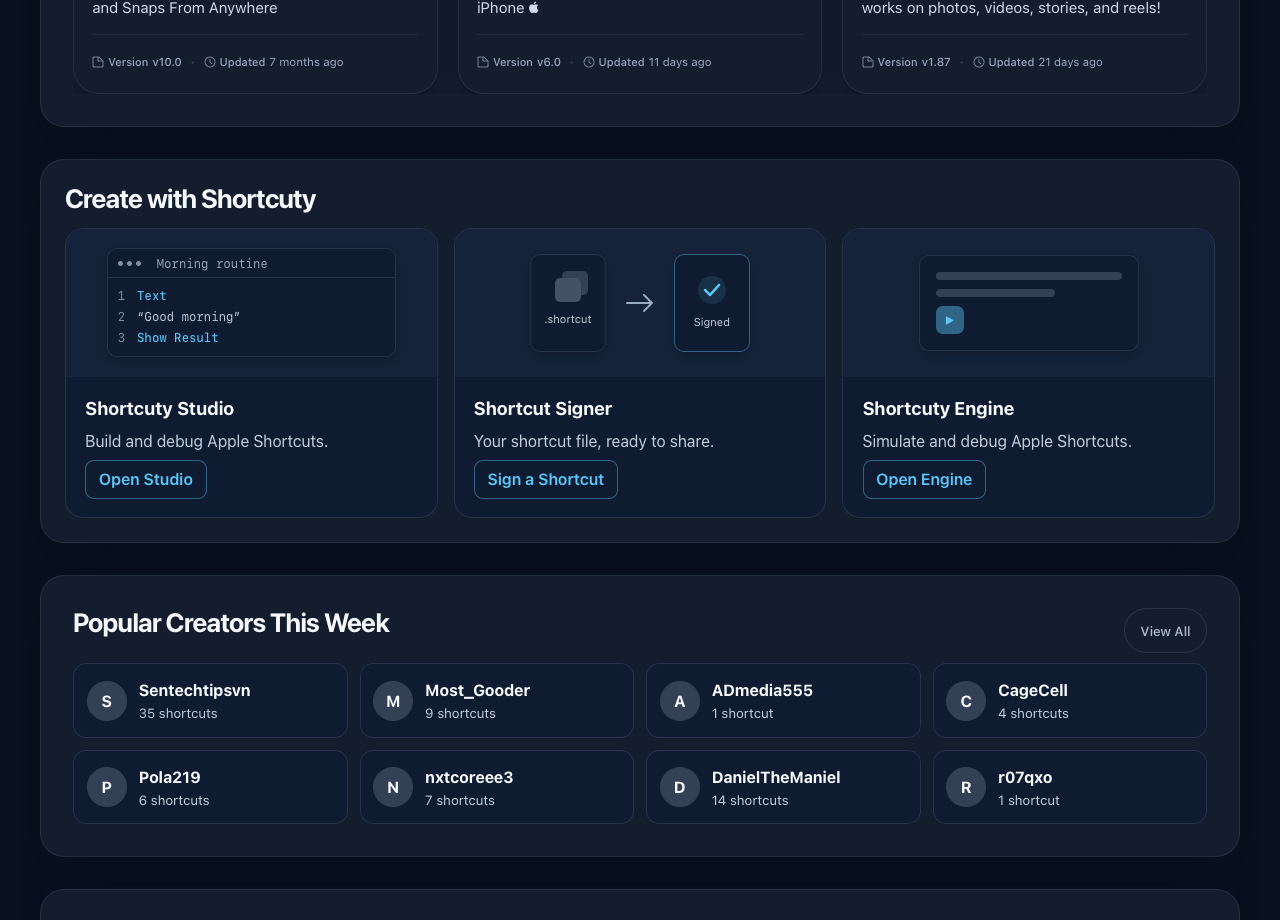 Shortcuty Browse showing the Studio, Signer, and Engine cards above Popular Creators This Week