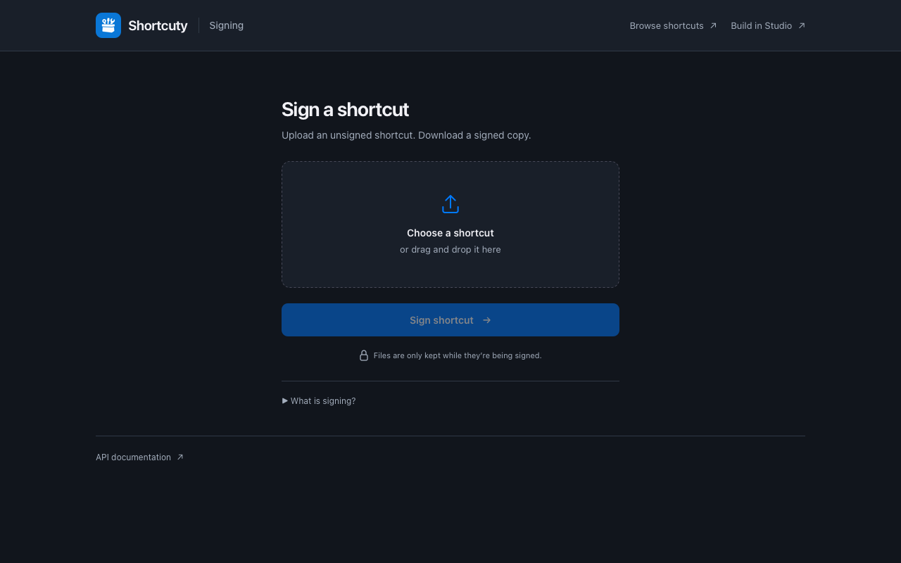Shortcuty Signer upload area and Sign shortcut button
