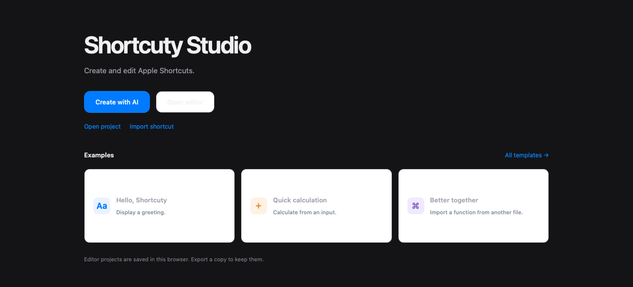 Shortcuty Studio welcome page with the Hello, Shortcuty example, Create with AI, and Import shortcut